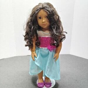 Our Generation 18" Doll Curly Brown Hair Pink Sequin Blue Chiffon Dress Battat